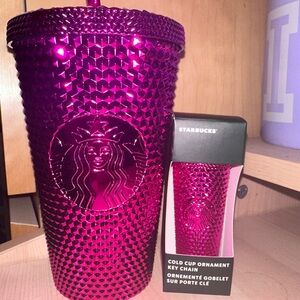 Pink Starbucks studded tumbler and keychain